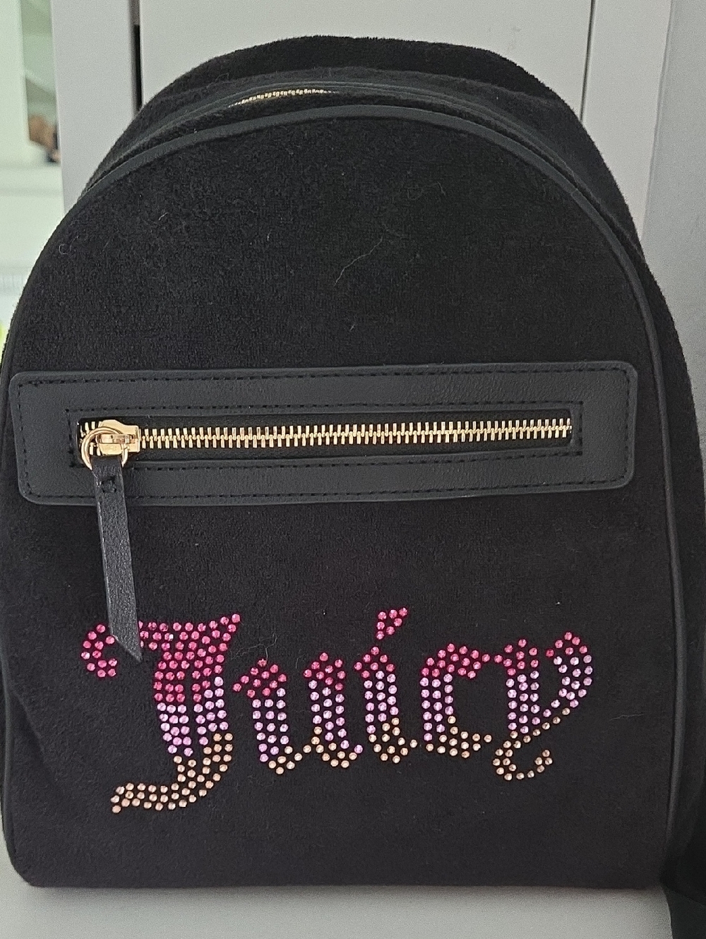Juicy Couture Black Mini Backpack with Pink-to-Gold Rhinestone Logo